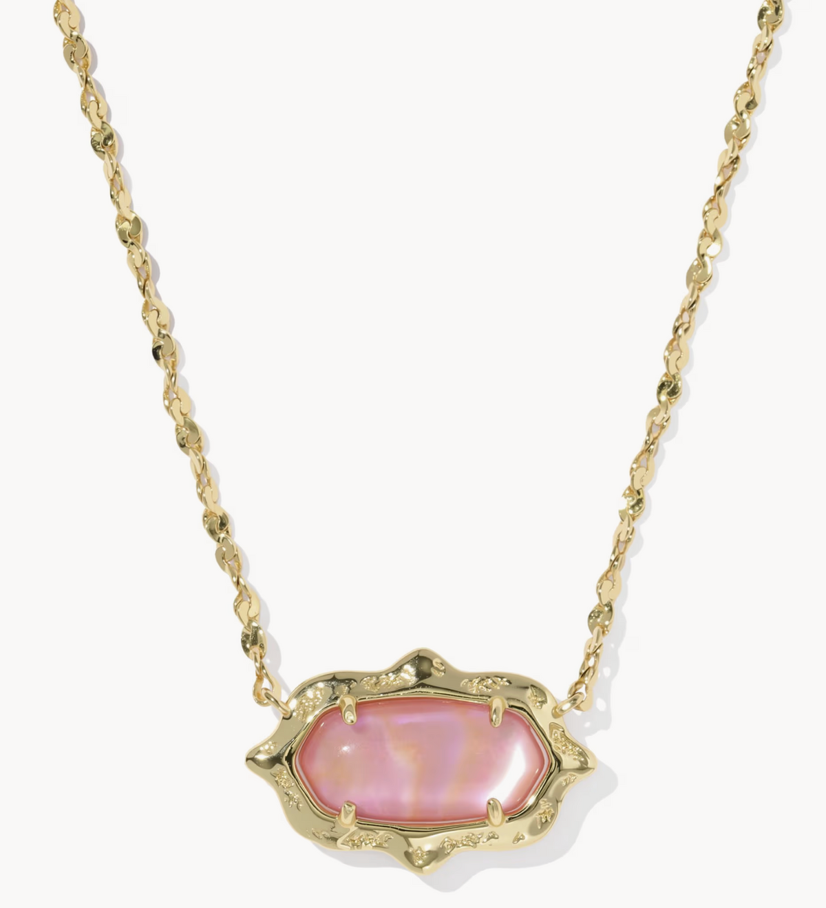 ELISA SCALLOP FRAME SHORT PENDANT NECKLACE GOLD LIGHT PINK IRIDESCENT ABALONE