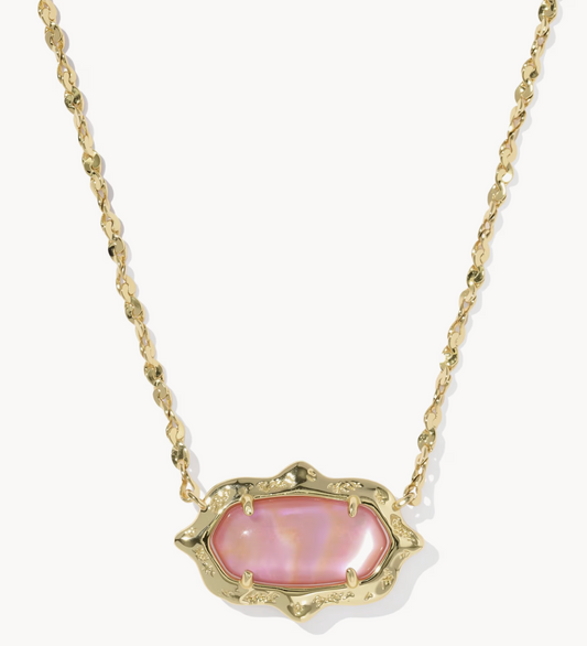 ELISA SCALLOP FRAME SHORT PENDANT NECKLACE GOLD LIGHT PINK IRIDESCENT ABALONE