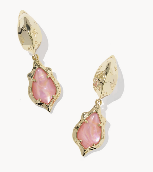 ADRIANA SCALLOP FRAME HUGGIE EARRINGS GOLD LIGHT PINK IRIDESCENT ABALONE