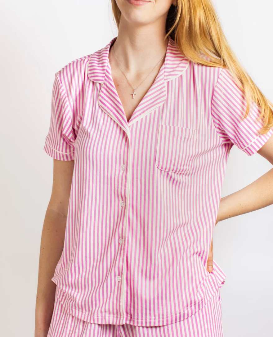 Pinstripe Short Sleeve Button Up Sleep Shirt   Pink/White   Medium