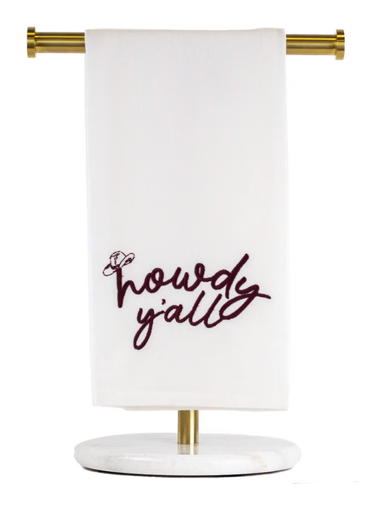 Howdy Y'all Embroidered Hand Towel   White/Maroon   20x28