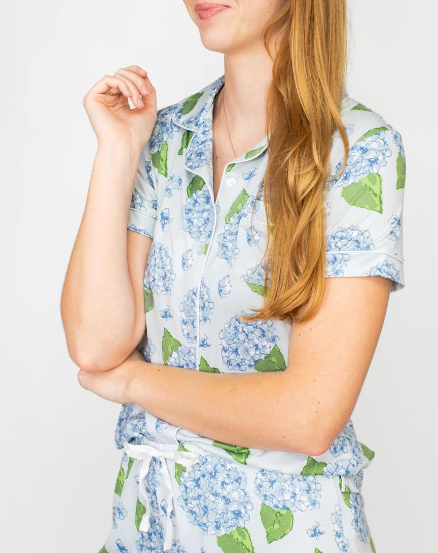 Hydrangea Short Sleeve Button Up Sleep Shirt   Illusion/Blue/Green   Small