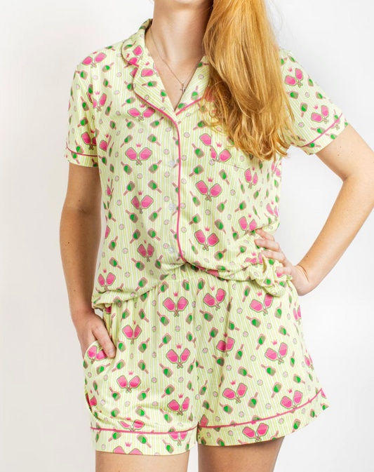 Pickleballer Short Sleeve Button Up Sleep Shirt   Light Green/Pink   Small