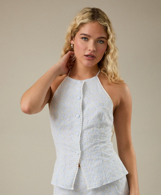 STRIPED HALTER NECK BUTTON FRONT TOP
