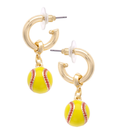 SOFTBALL ENAMEL DROP HOOP EARRINGS IN NEON YELLOW/RED