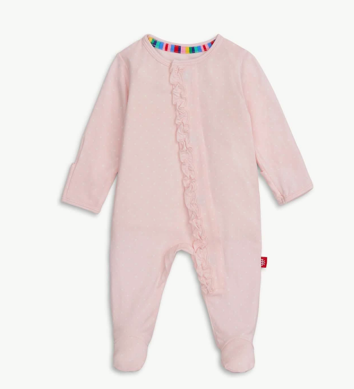 PIN DOT PINK RUFFLE PLACKET FOOTIE 0-3M