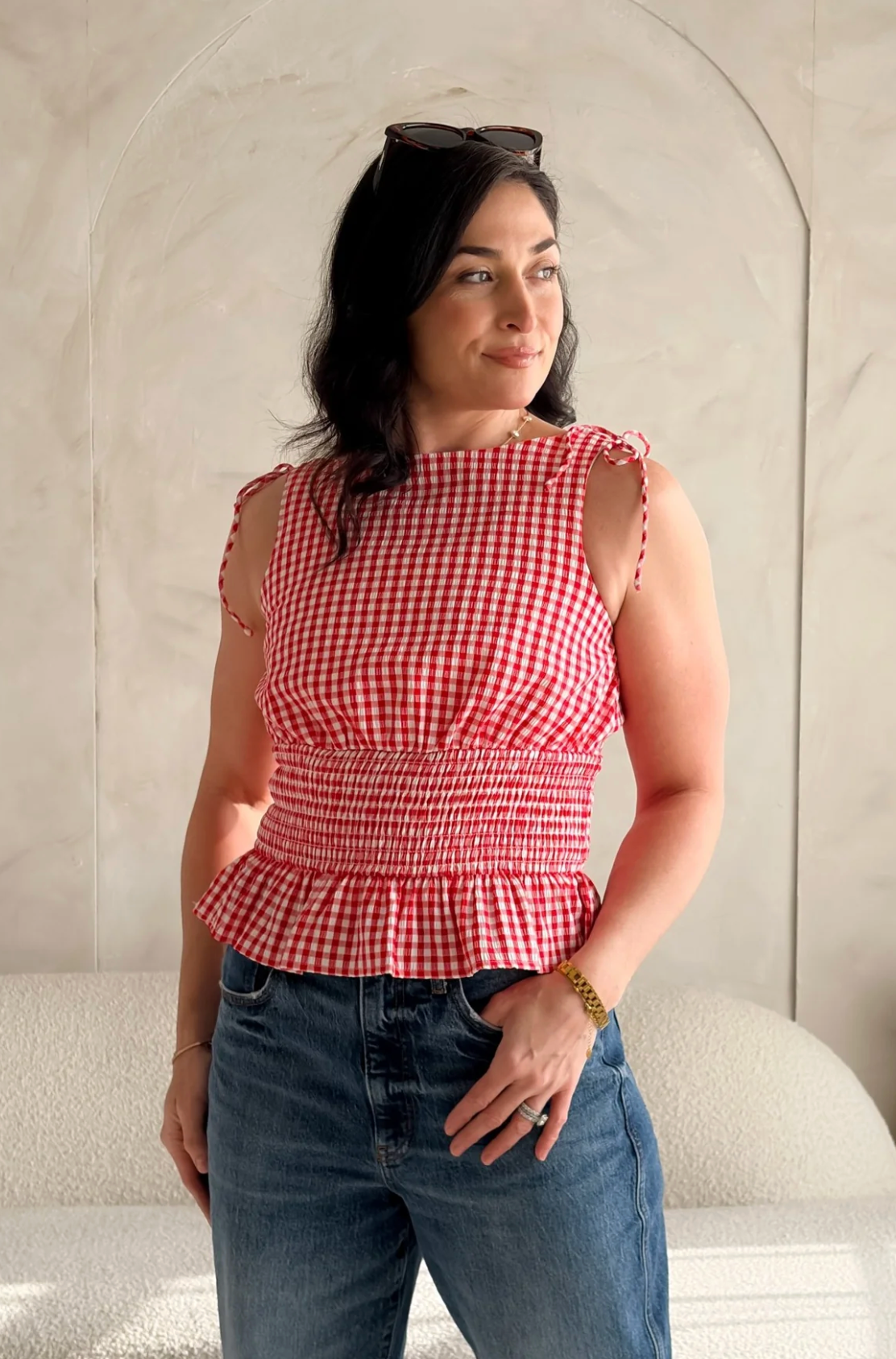 GINGHAM PART SMOCKED PEPLUM TANK TOP