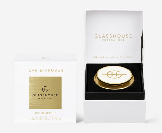 Gold Car Diffuser with 1 Replacement Scent Disk - THE HAMPTONS