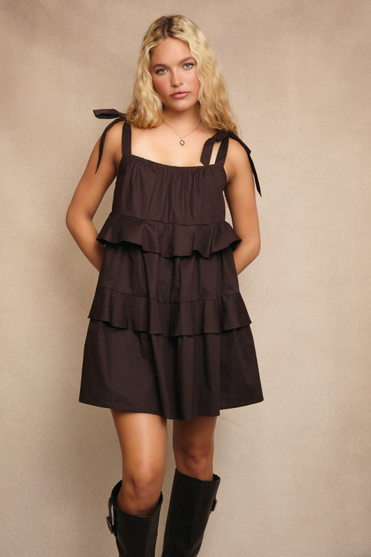 RUFFLE DETAIL FLOWING SLEEVELESS MINI DRESS
