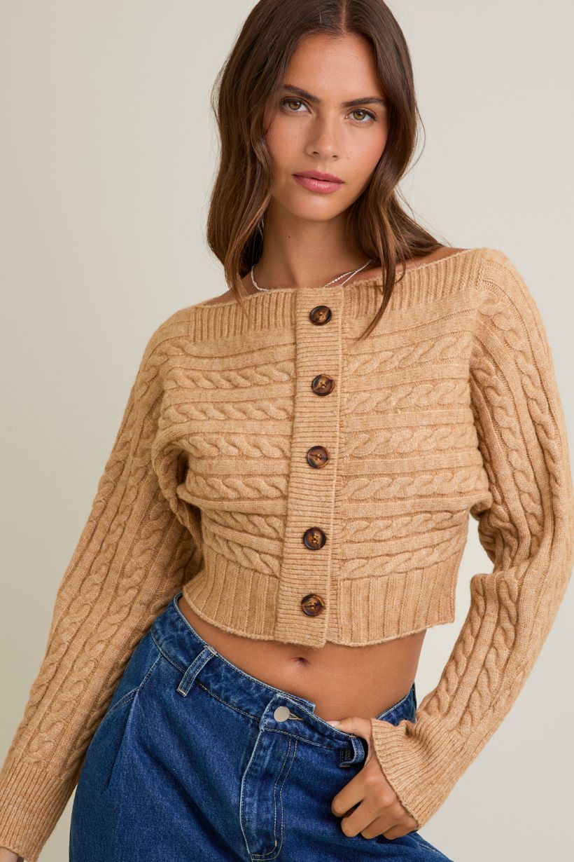 OFF-SHOULDER BUTTON DOWN SWEATER