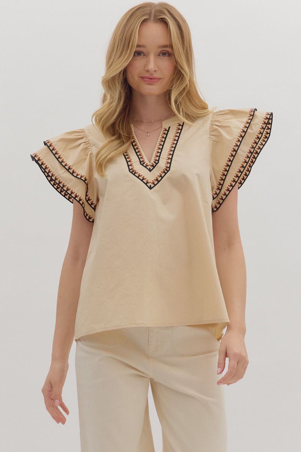 Solid layered ruffle flutter sleeve top