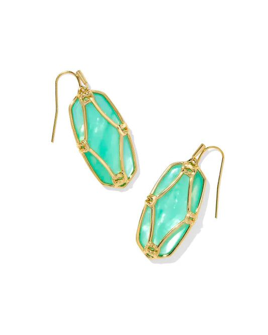 ELLE LATTICE FRAME DROP EARRINGS GOLD LIGHT GREEN MOTHER OF PEARL